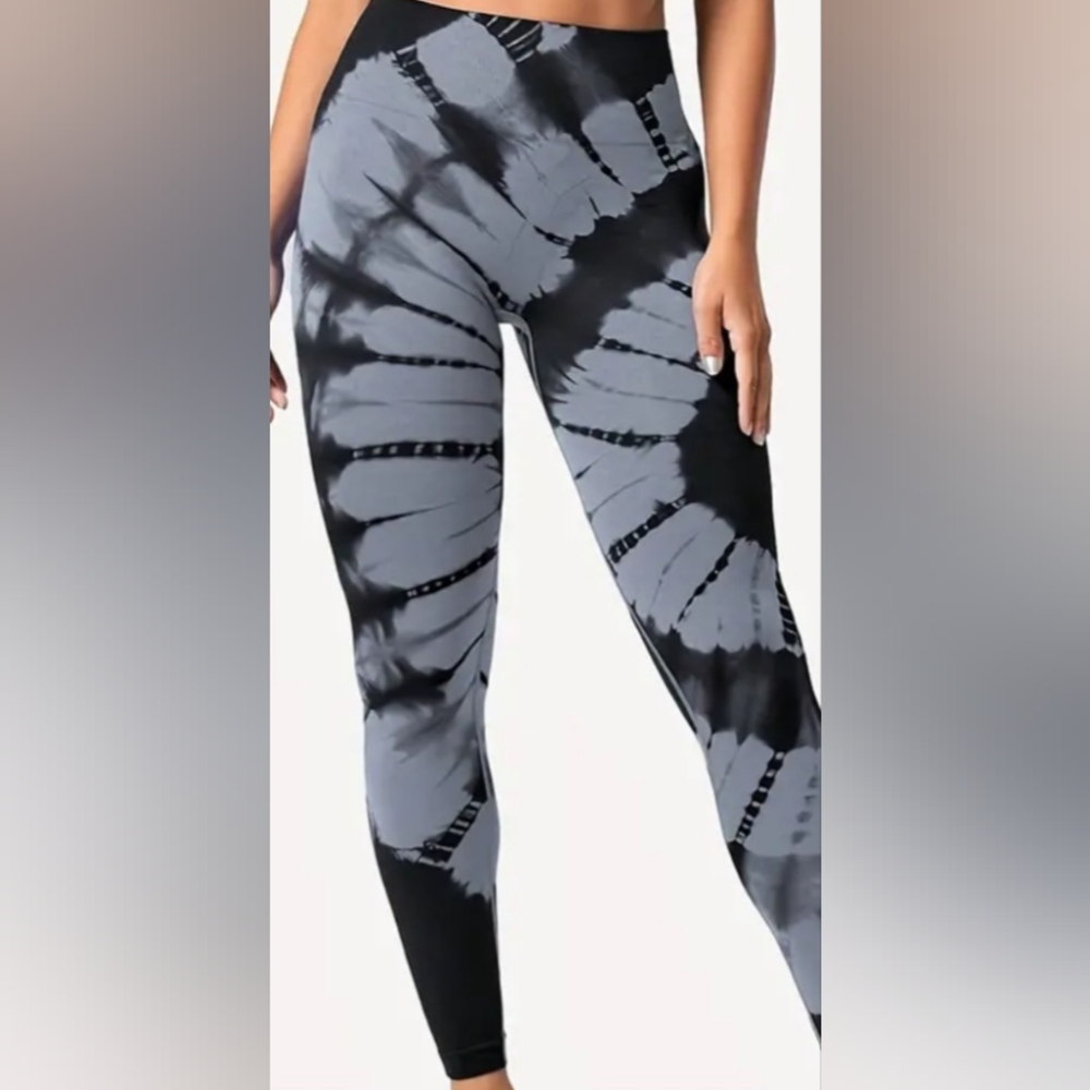 S/M Womens Seamless Tie Dye Leggings Gray Black